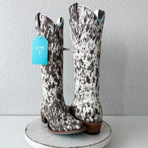 Lane Boots Cowhide Cowboy Boots Tall Black Western Hair on Hide Womens 7.5 NEW